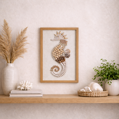 Handcrafted Seashell Seahorse Wall Art (18” x 12”) | Premium Coastal Frame