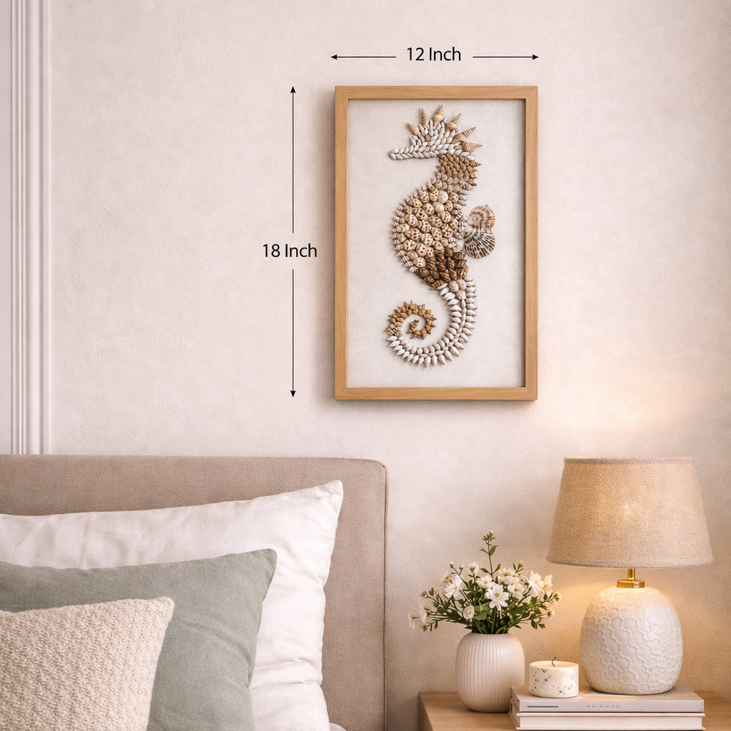 Handcrafted Seashell Seahorse Wall Art (18” x 12”) | Premium Coastal Frame
